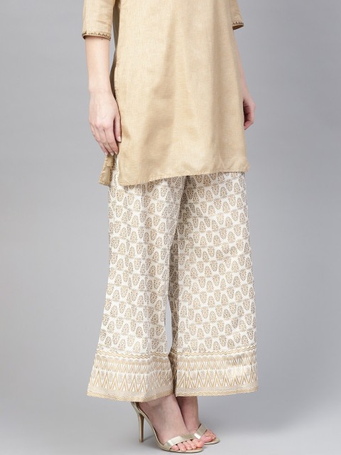 

KSUT Women Off-White & Gold-Toned Printed Wide Leg Palazzos