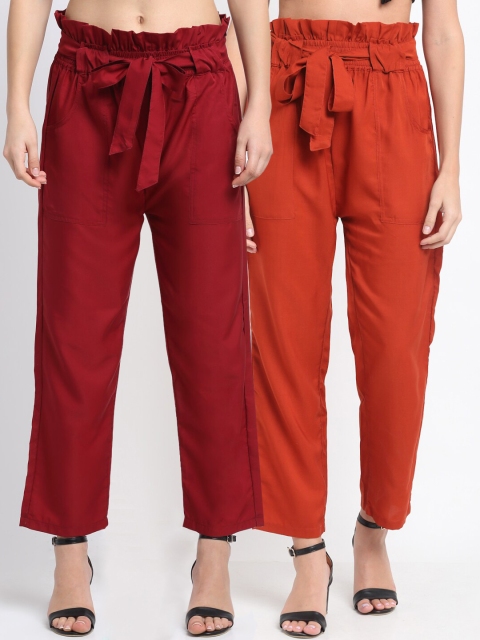 

NEUDIS Women Pack Of 2 Solid Peg Trousers, Maroon