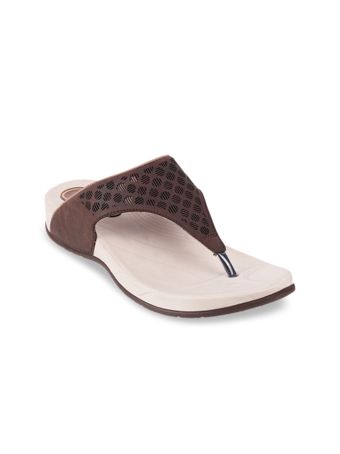 

WALKWAY Women Brown Laser Cut T-Strap Flats