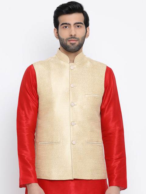 

NAMASKAR Men Beige Woven Design Regular Fit Nehru Jacket