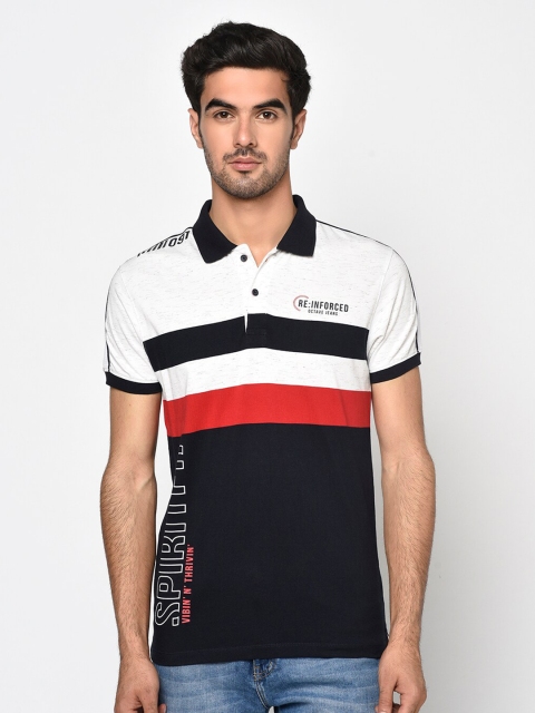 

Octave Men White & Black Striped Polo Collar Cotton T-shirt