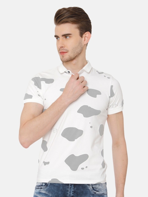 

Rex Straut Jeans Men Grey & White Printed Polo Collar T-shirt