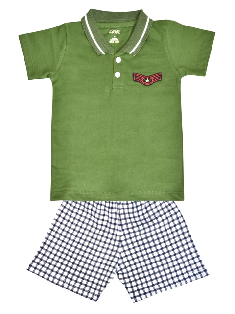 Kiwi Boys Olive Green & Navy Blue Solid Cotton T-shirt with Shorts