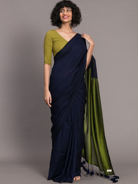 

Suta Navy Blue & Green Cotton Blend Colourblocked Saree