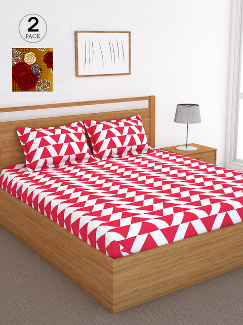 

Bedspun Pink & White Graphic 120 TC Cotton 2 Queen Bedsheet with 4 Pillow Covers