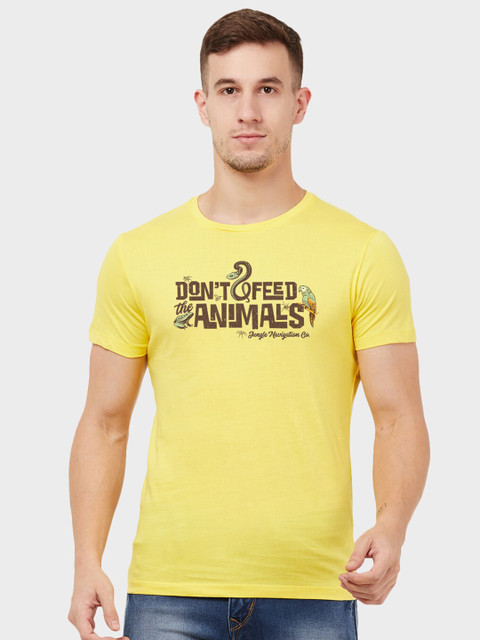 

Free Authority Men Yellow Jungle Cruise Printed Round Neck Pure Cotton T-shirt