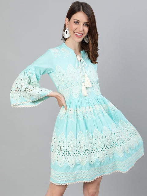 

Ishin DESIGNER STUDIO Blue Ethnic Motifs Schiffli Tie-Up Neck A-Line Dress