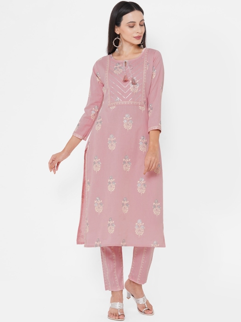 

FASHOR Pink Ethnic Motifs Printed Straight Keyhole Neck Pure Cotton Kurta with Trousers