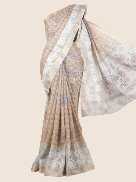 

Pothys Beige & Grey Linen Blend Woven Design Saree