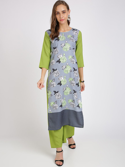 

Florence Women Grey & Green Printed Straight Kurta & Palazzos