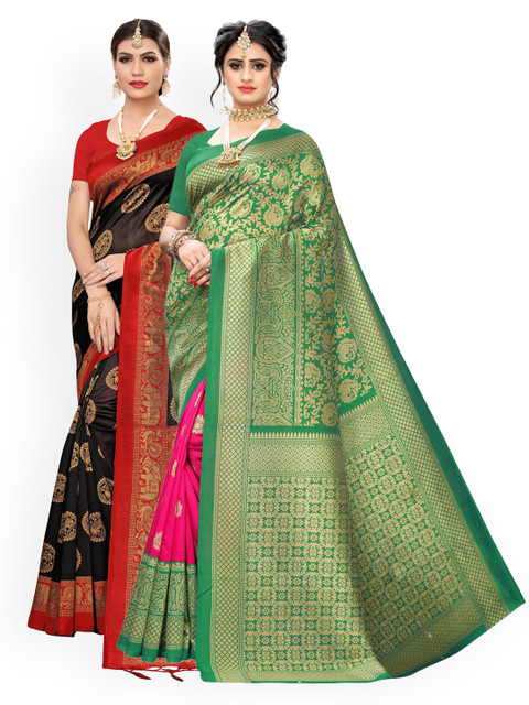 

KALINI Pack Of 2 Art Silk Woven Design Sarees, Black