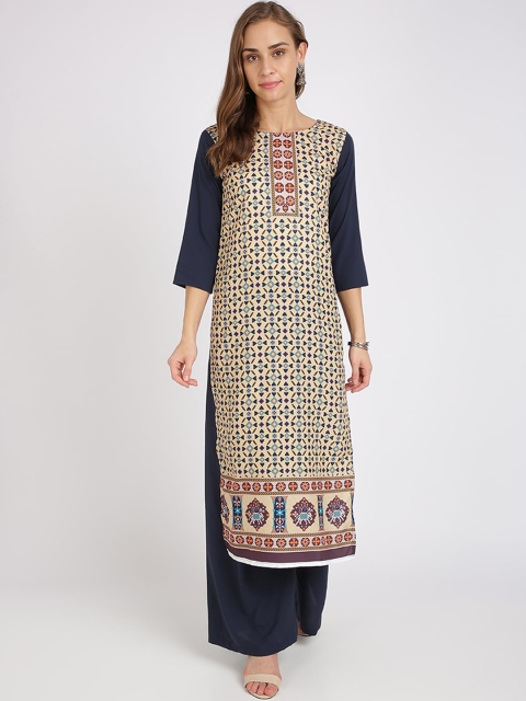 

Florence Women Yellow & Navy Blue Printed Straight Kurta & Palazzos