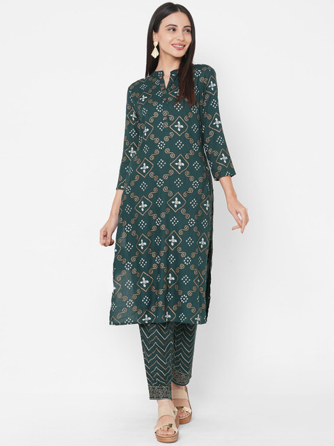

FASHOR Women Green Ethnic Motifs Printed Regular Straight Kurti & Trousers
