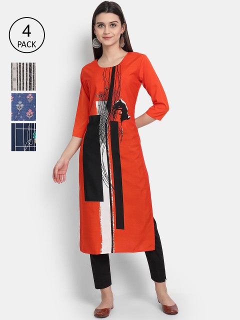 

Ethnic basket Women Pack of 4 Printed Crepe Kurtas, Orange
