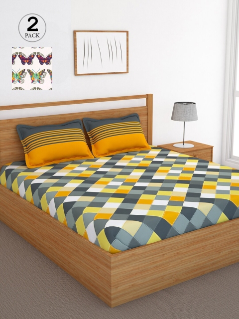 

Bedspun Yellow & Grey Geometric 120 TC Cotton 2 Queen Bedsheet with 4 Pillow Covers