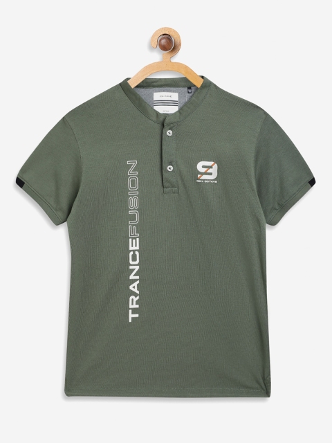 

Octave Boys Olive Green Printed Henley Neck Cotton T-shirt