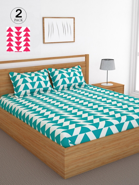 

Bedspun Blue & Pink Geometric 120 TC Cotton 2 Queen Bedsheet with 4 Pillow Covers