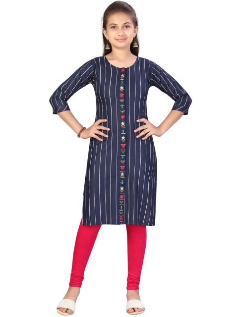 

Aarika Girls Navy Blue Striped Regular Straight Pure Cotton Kurti & Churidar