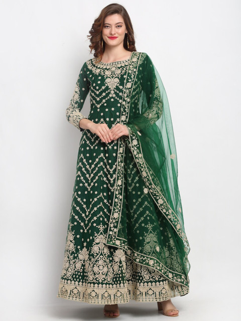 

Stylee LIFESTYLE Green & Gold-Toned Net Semi-Stitched Dress Material