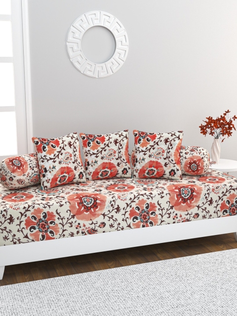 

HOME AFFAIRS Set Of 6 Off White & Red Floral Print Pure Cotton Single Diwan Set