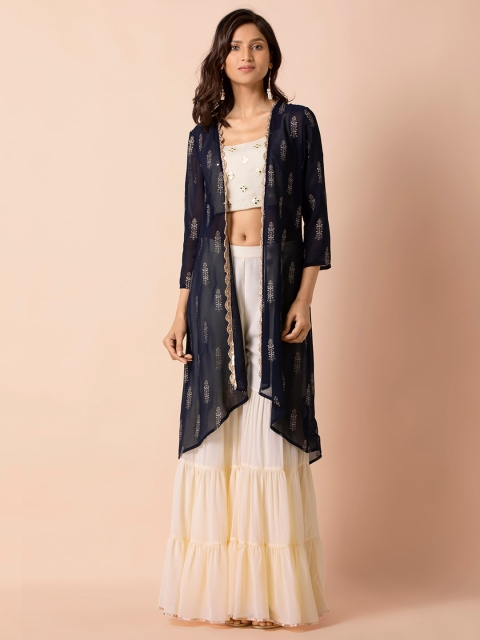 

INDYA Women Blue & Gold-Toned Glitter Foil Jacket