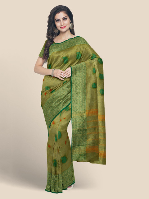 

KLM Fashion Mall Olive Green Pure Cotton Woven Design Mangalagiri Saree