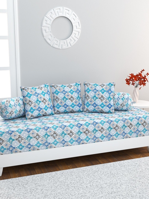 

HOME AFFAIRS Set Of 6 Blue & White Geometric Pure Cotton Diwan Set