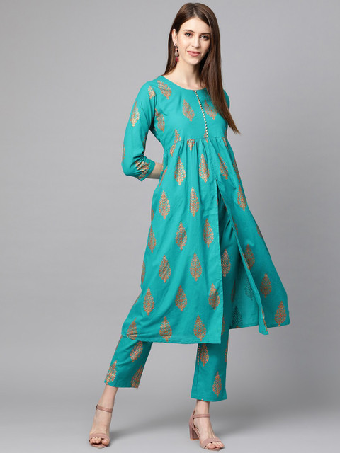 

mokshi Women Green Ethnic Motifs Printed Regular A-Line Pure Cotton Kurta with Trousers