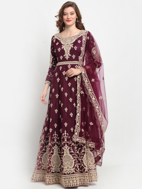 

Stylee LIFESTYLE Maroon & Gold-Toned Net Semi-Stitched Dress Material