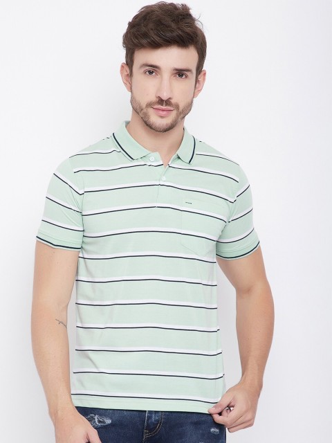 

Okane Men Sea Green Striped Polo Collar T-shirt