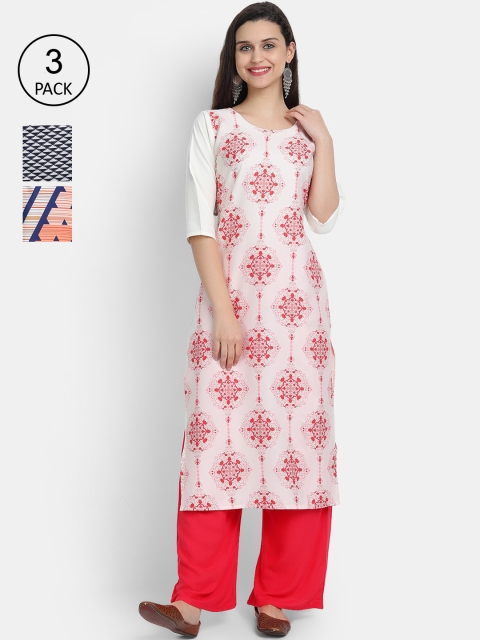 

Ethnic basket Women Pack Of 3 Ethnic Motifs Printed Crepe Kurta, Navy blue