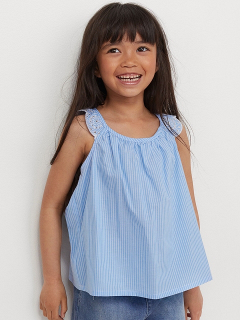 H&M Girls Blue Striped Flounce-Trimmed Cotton Top