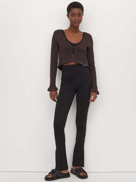 

H&M Women Brown Solid Rib-knit Cropped Cardigan
