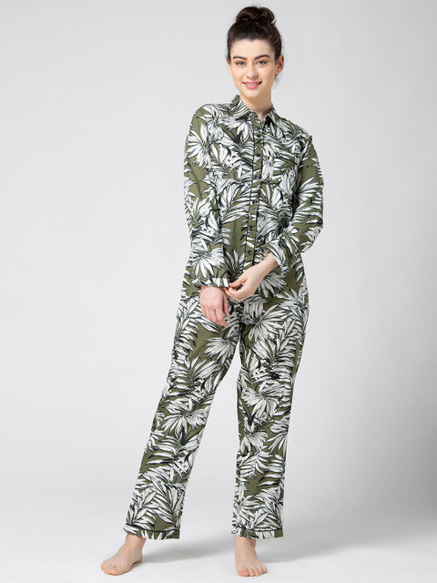 

ADORENITE Women Green & White Tropical Printed Night suit