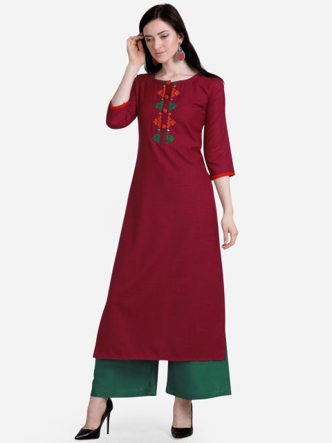 

Florence Women Maroon & Green Floral Embroidered Regular Straight Kurti & Palazzos