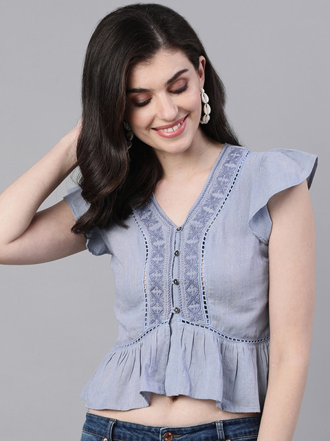 

Ishin DESIGNER STUDIO Blue Embroidery A-Line Crop Top