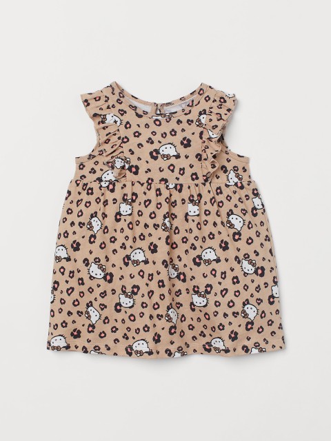 

H&M Girls Beige Hello Kitty Printed Flounced Cotton Dress