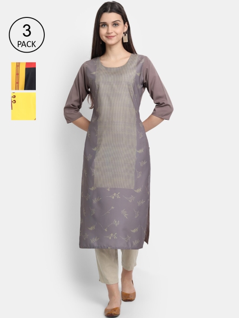 

Ethnic basket Women Pack of 3 Ethnic Motifs Printed Crepe Kurtas, Yellow
