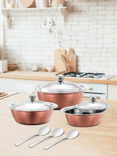 

Jensons Set Of 3 Copper-Toned & Silver-Toned Stainless Steel Handi With 3 Serving Spoons