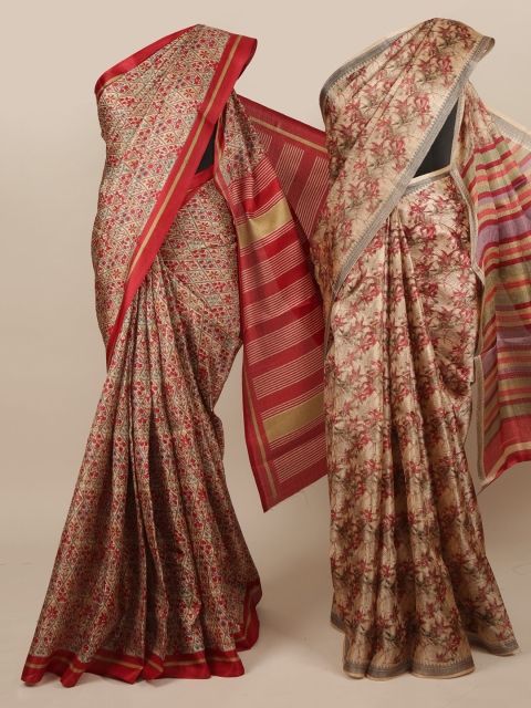 

Pothys Cream-Coloured & Brown Set of 2 Jute Silk Printed Saree
