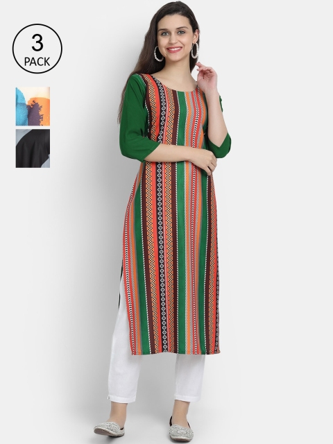 

Ethnic basket Women Pack Of 3 Ethnic Motifs Printed Crepe Kurta, Green