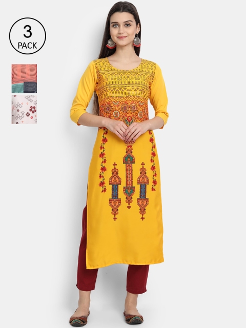 

Ethnic basket Women Pack Of 3 Ethnic Motifs Printed Crepe Kurta, Yellow