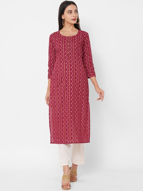 

FASHOR Women Maroon & Grey Chevron Patterned Cotton Straight Kurta