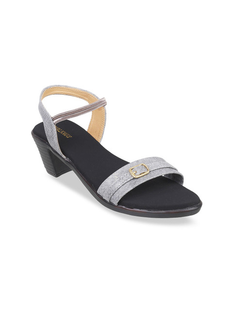 

WALKWAY Women Grey Snakeskin Textured Block Heels with Buckle Detail