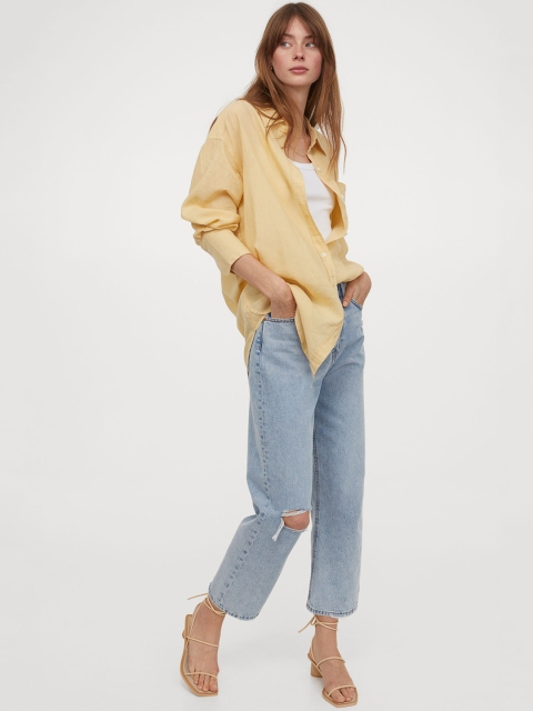 

H&M Women Yellow Solid Oversized Linen-Blend Shirt