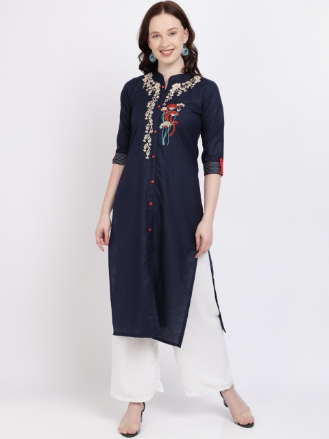 

Florence Women Navy Blue & White Embroidered Regular Straight Kurta with Palazzos
