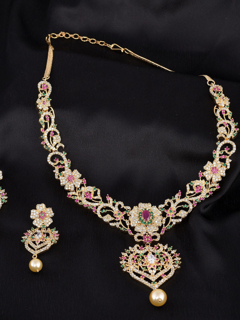 

Saraf RS Jewellery Gold-Plated Pink & Green Floral American Diamond-Studded Jewellery Set