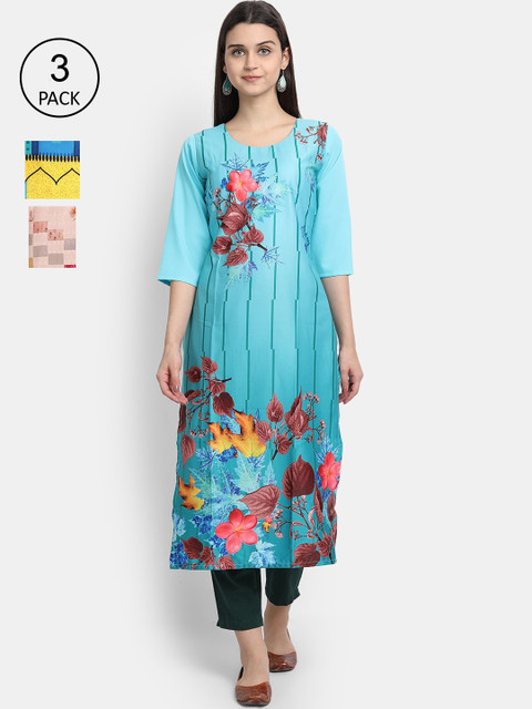 

Ethnic basket Women Pack of 3 Ethnic Motifs Printed Regular Sleeves Thread Kurta, Blue