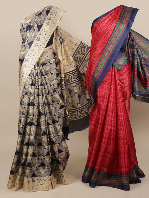 

Pothys Pack of 2 Blue & Cream-Coloured Jute Silk Printed Saree