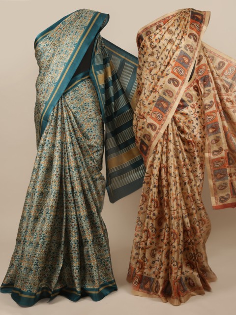 

Pothys Pack of 2 Teal & Brown Jute Silk Printed Saree